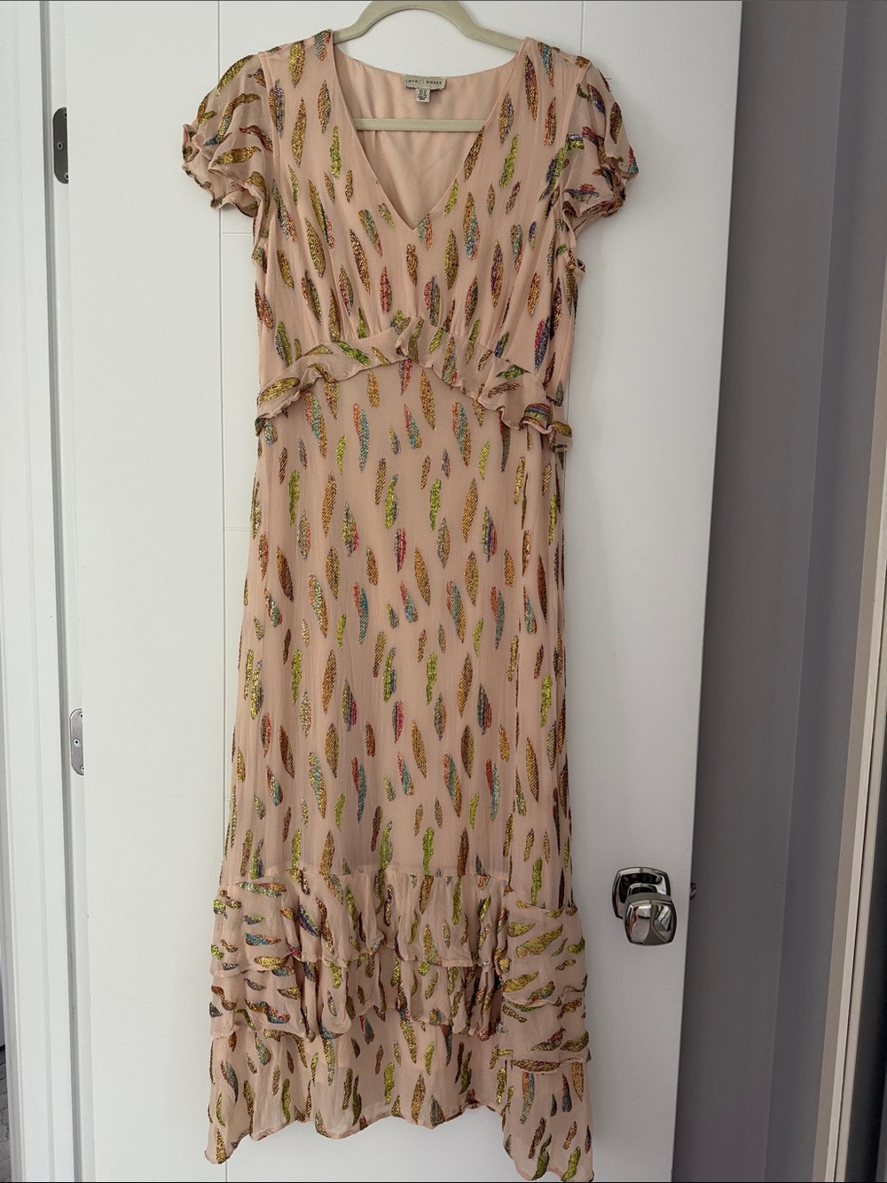 Nude and glitter gold  Feather-Print Ruffle Maxi Dress size 8 US